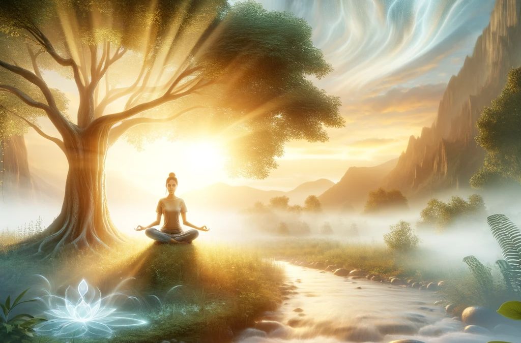 Spiritual Healing: an image of a lady meditating under a tree by a steam